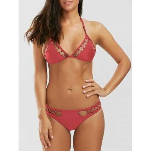 Metal Rings Halter Bikini Set - Red S