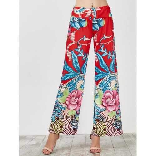 Elastic Waist Wide Leg High Waisted Pants - Blue And Red S