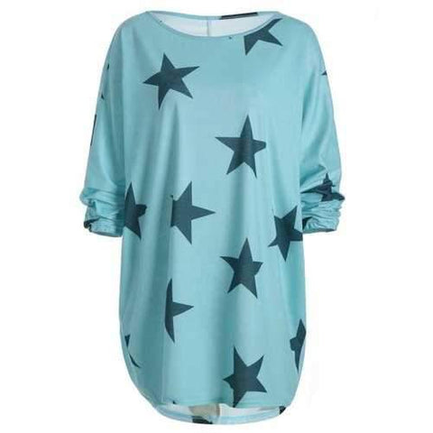 Star Print Long Sleeve T-Shirt Dress - Ice Blue L