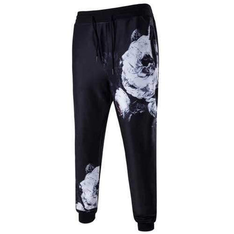 Drawstring 3D Floral Print Jogger Pants - Black L