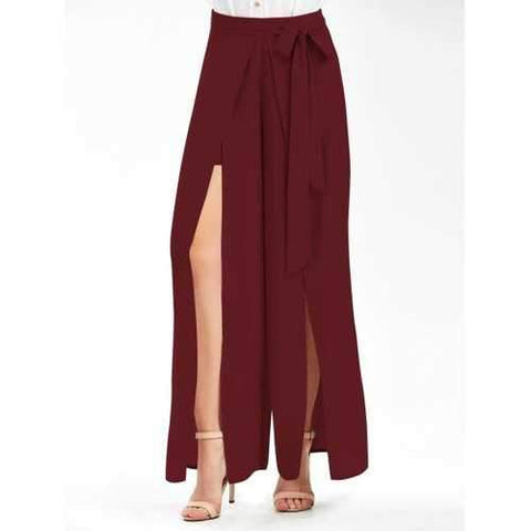 Tie Belt High Slit Palazzo Pants - Wine Red 2xl