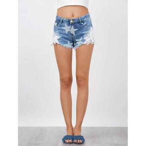 Lace Embellished Star Cut Off Jean Shorts - Denim Blue L