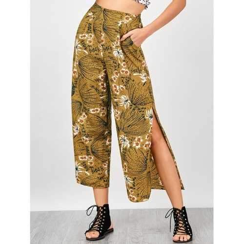 Print Side Slit Palazzo Pants - Yellow M