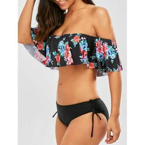 Flounce Floral Off The Shoulder Bikini Set - Black M