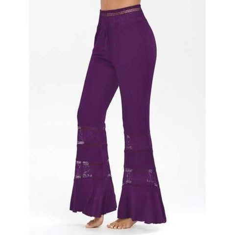 Lace Panel High Waist Tassel Flare Pants - Purple M