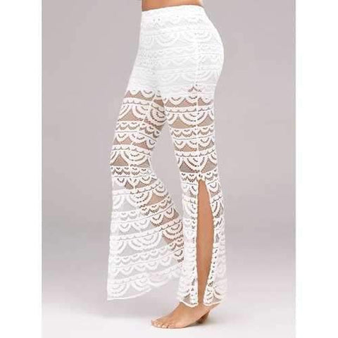 Side Slit See Thru Lace Pants - White L