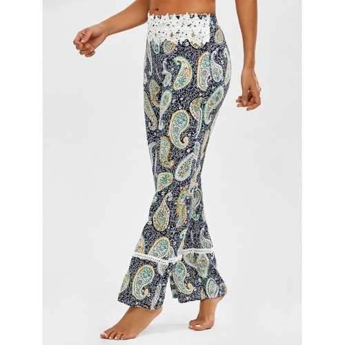 Paisley Print Lace Insert Straight Pants - M