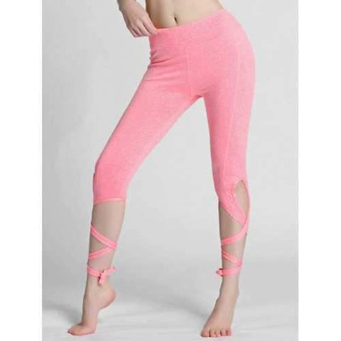 High Waist Lace Up Gym Leggings - Pink L