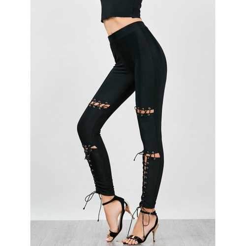 Elastic Waist Skinny Lace Up Pants - Black Xl