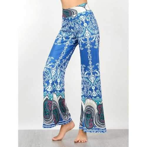 Vintage High Waisted Paisley Print Palazzo Pants - Blue L