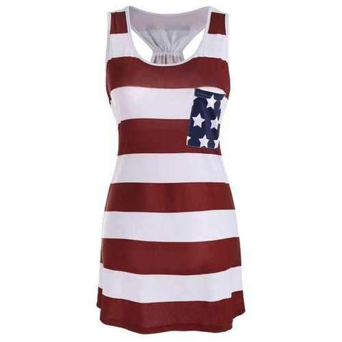 American Flag Bowknot Patriotic Racerback Tank Dress - Deep Red S