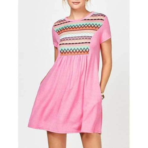 Geometric Print Mini Dress with Pocket - Pink M