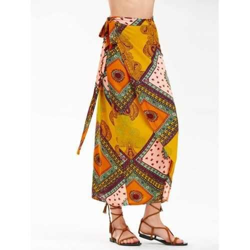 High Waist Bohemian Print Midi Wrap Skirt - S