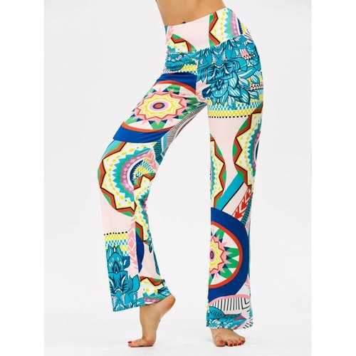 High Waisted Colorful Print Boho Pants - L