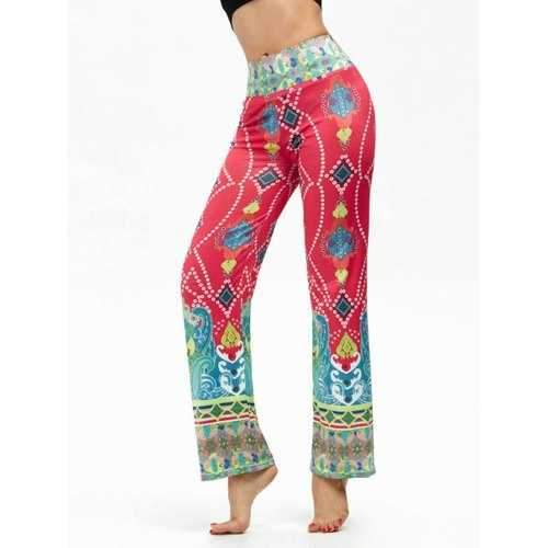 Elastic High Waisted Ethnic Print Boho Pants - Red Xl