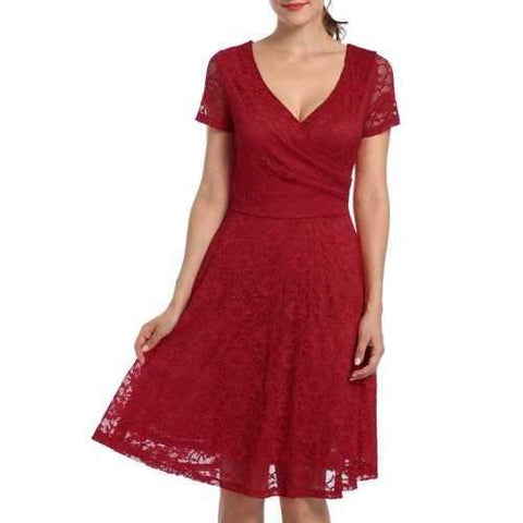 V Neck High Waist Lace Dress - Red M