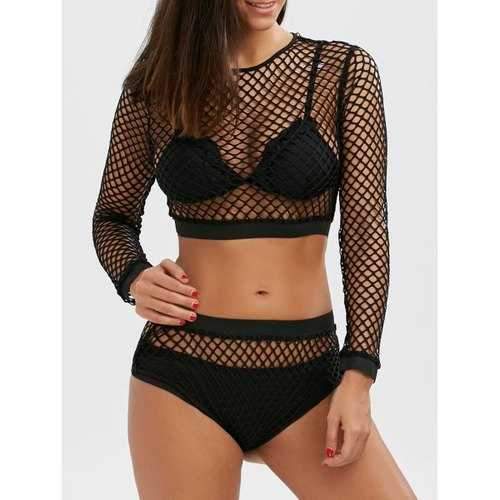 Fishnet Long Sleeve Crop Top and Briefs - Black S