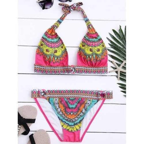 Halter Metal Panel Printed Bikini Set - Rose Red S