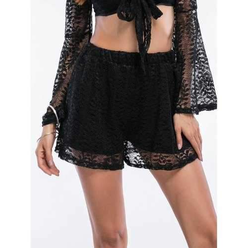 Lace Elastic Waist Mini Shorts - Black M