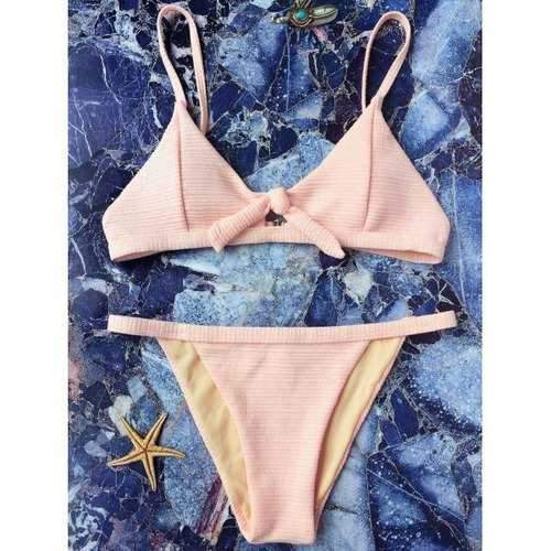 Textured Front Tied Bikini Set - Pink M