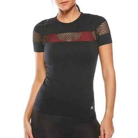 Crew Neck Fishnet Mesh Insert Sports T-Shirt - Black L