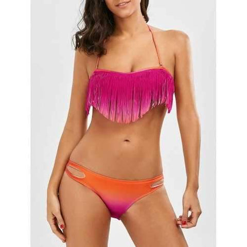 Halter Ombre Fringed Bikini Set - Orange Red S