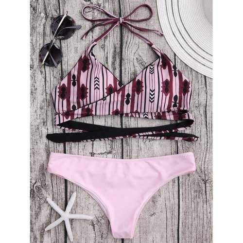 Striped Halter Wrap Bikini Set - Pink Xl