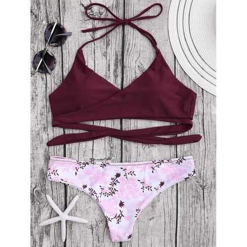 Halter Padded Floral Wrap Bikini Set - Wine Red S