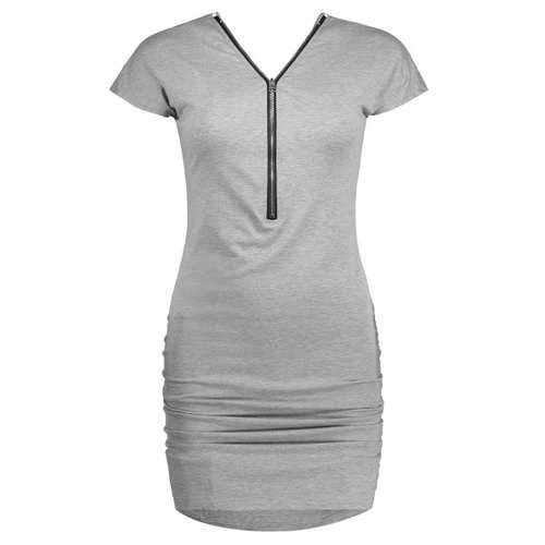 Dolman Sleeve Ruched Zipper Design Dress - Gray S