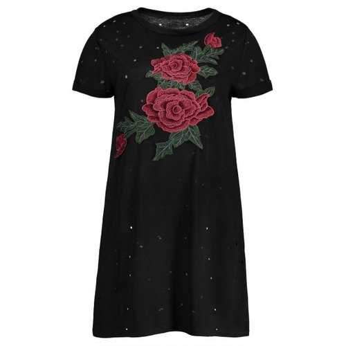 Distressed Embroidered Mini T-Shirt Dress - Black S