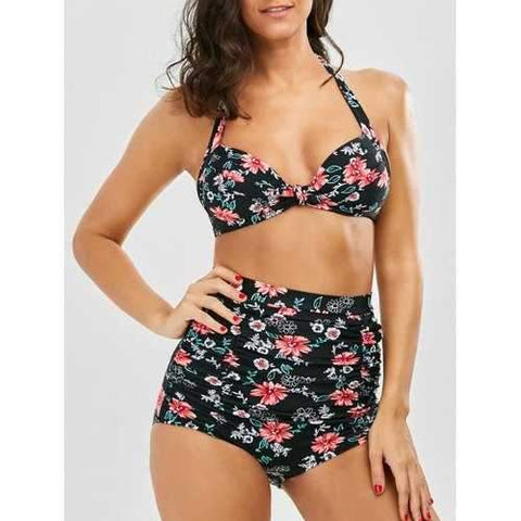 High Waisted Floral Halter Bikini Set - Black S