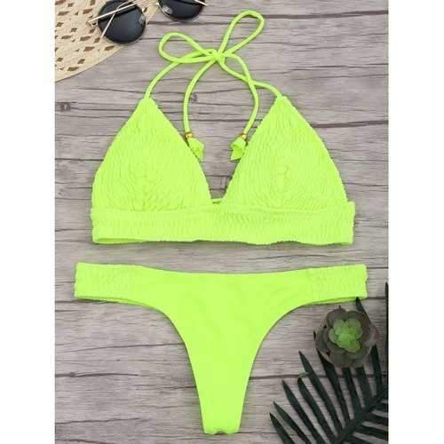 Halter Ruched Lace Up Bikini Set - Fluorescent Yellow L