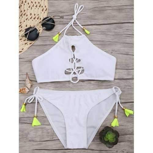 Lace Up Halter Padded Bikini Set - White L