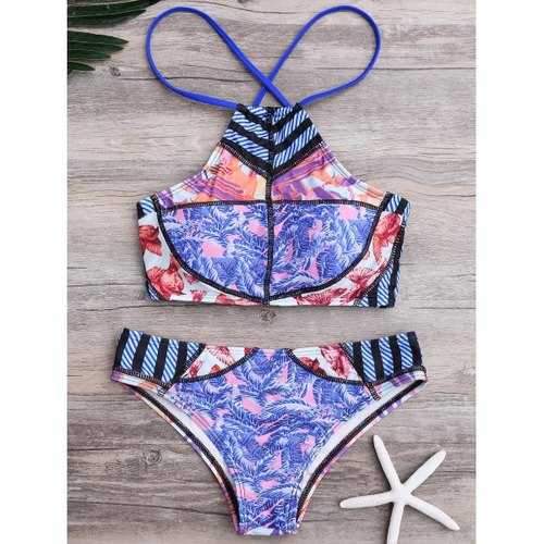 Palm Leaf Cross Back High Neck Bikini Set - Blue L