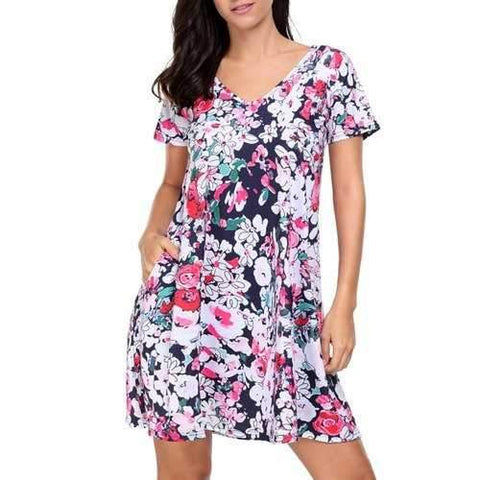 V Neck Floral Short Shift Dress - White Xl