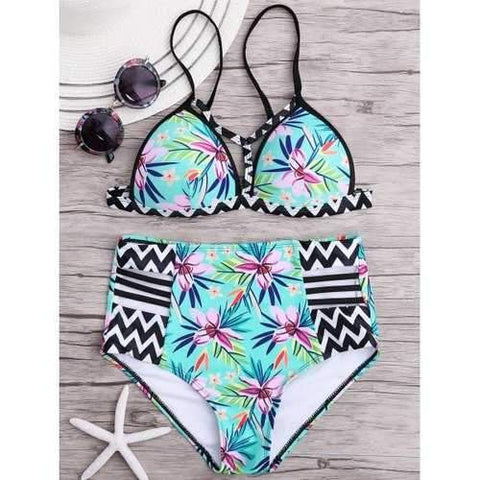 High Waisted Zigzag Floral Bikini Set - Floral S