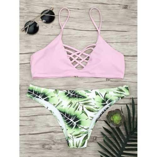 Criss Cross Printed Cami Bikini Set - Pink M