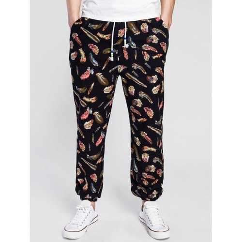 Drawstring 3D Feather Print Cotton Linen Jogger Pants - Black L