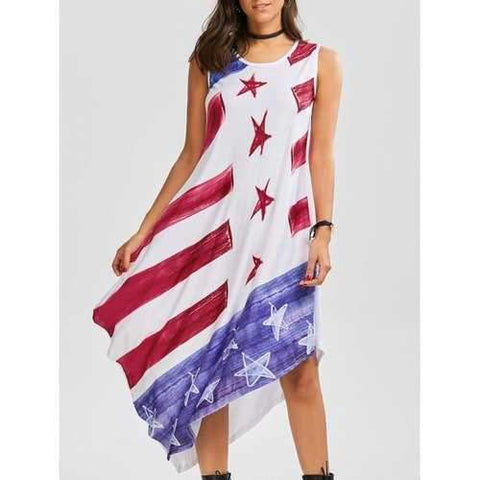 American Flag Print Asymmetrical Tank Dress - M