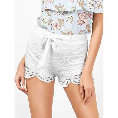 Drawstring Cut Off Crochet Lace Shorts - White M