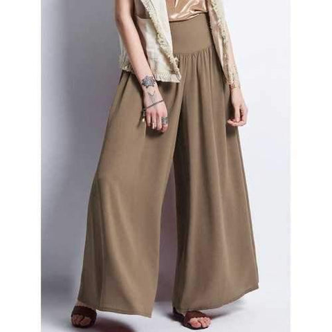 Wide Elastic Waistband Chiffon Palazzo Pants - Khaki M