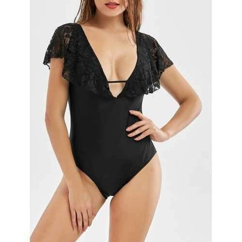 Lace Trim Cap Sleeve One-piece Swimsuit - Black S