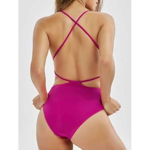 Cross Back Low Back One-Piece Swimsuit - Rose Madder S