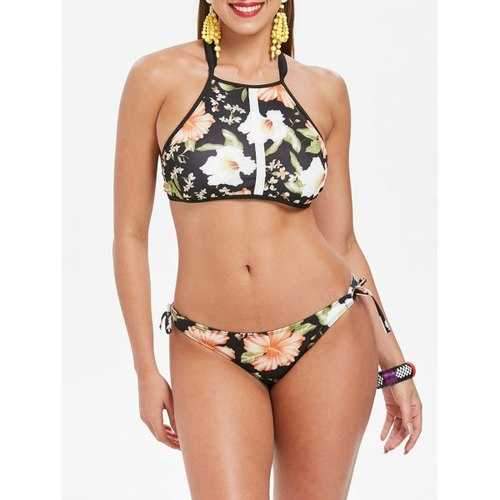 Floral Print Backless Crop Top Bikini Set - S