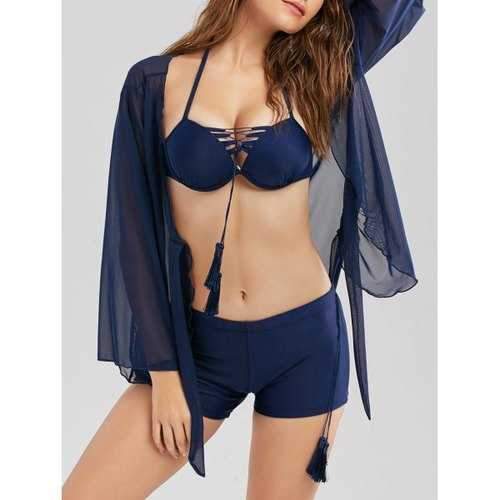 Boyleg Underwire Tassel Bikini with Cover-Up - Deep Blue Xl