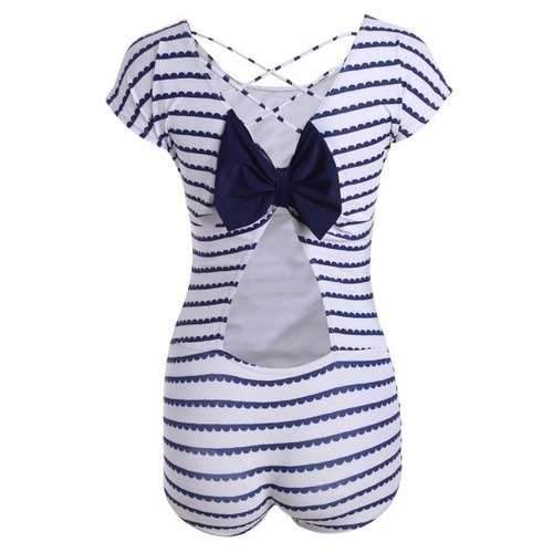 Stripe Criss Cross Swimsuit with Bowknot - White Xl