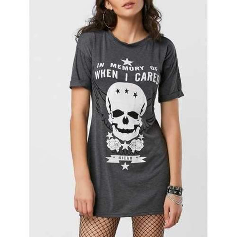 Cuffed Sleeve Skull Graphic Dress - Deep Gray S