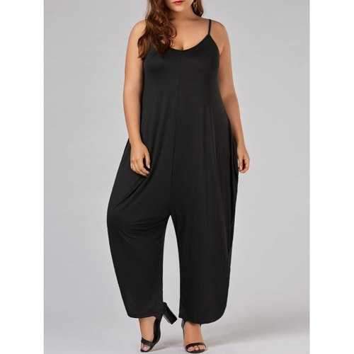 Plus Size Low Cut Spaghetti Strap Baggy Jumpsuit - Black 7xl