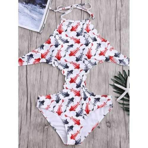 Open Back Goldfish Print Scalloped Trim Swimsuit - White S