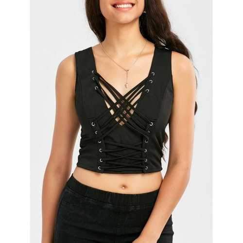 Lace Up Low Cut Zipper Crop Top - Black L